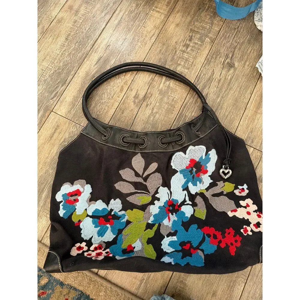 Brighton Handbag Black Canvas Floral Embroidered Leather Shoulder Strap boho